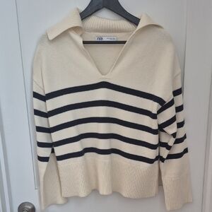 Zara V-Neck Sweater in Cream and Black Stripes